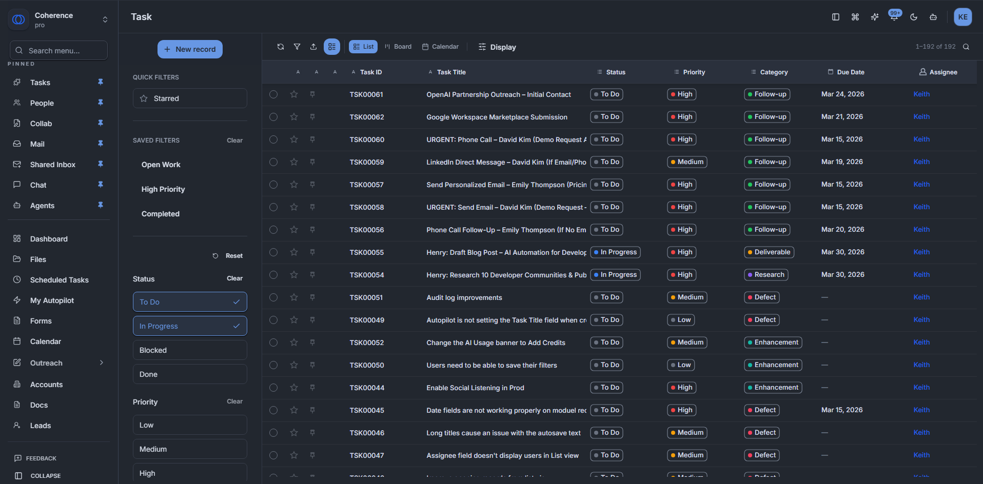 Coherence task workspace in dark mode with filters, records, statuses, priorities, and assignees