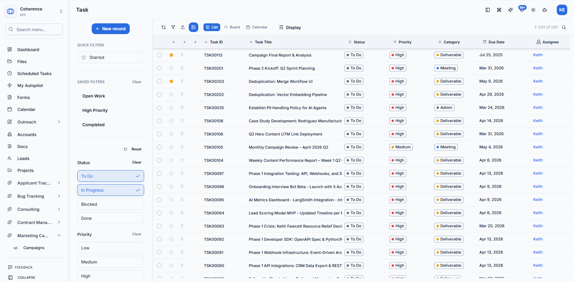 Coherence task workspace with filters, records, statuses, priorities, and assignees