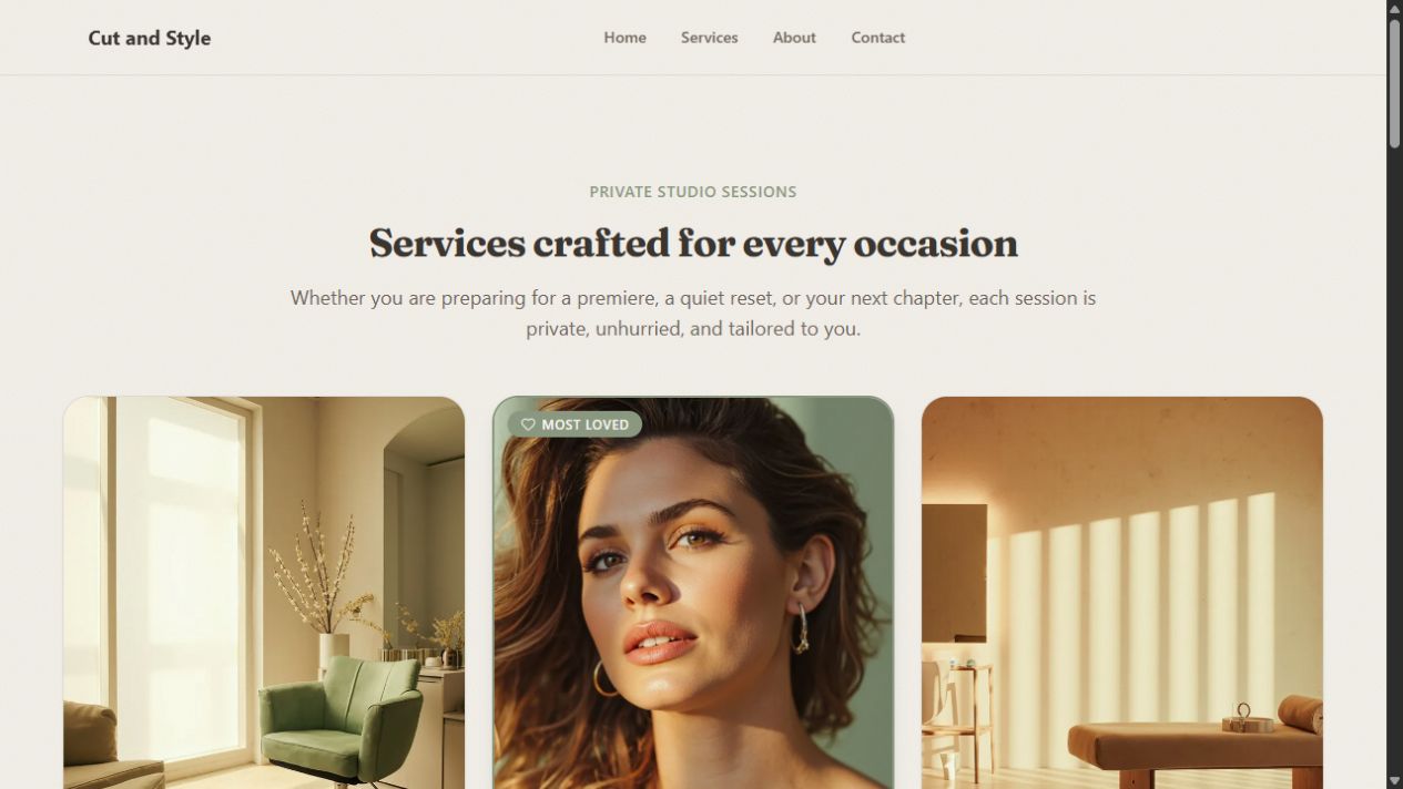 Cut and Style website created with Coherence Sites, showing private studio services and editorial imagery