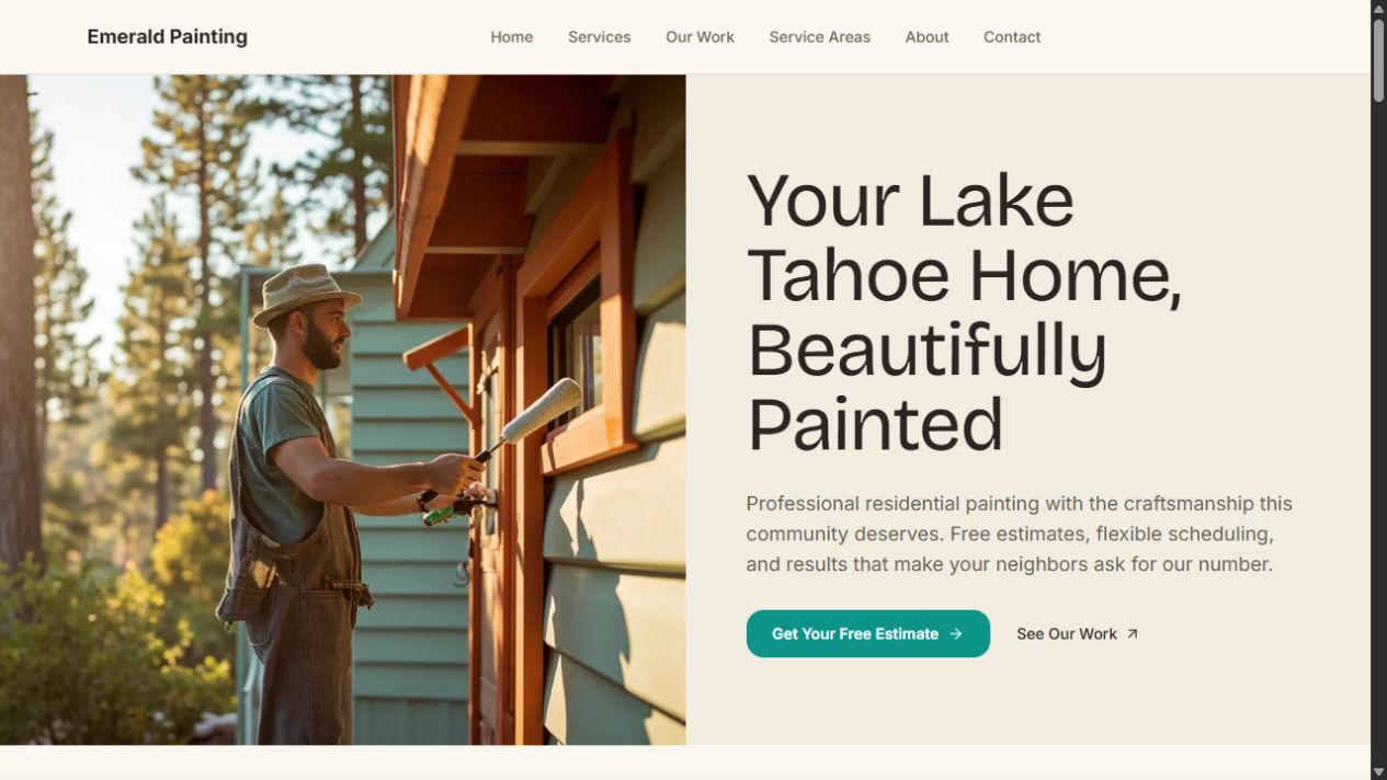 Emerald Painting website created with Coherence Sites, showing a Lake Tahoe painting service homepage