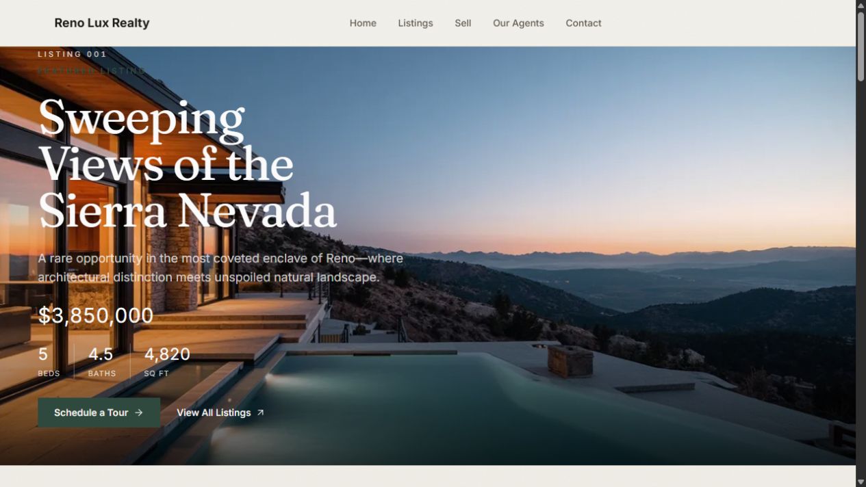 Reno Lux Realty website created with Coherence Sites, showing a luxury property overlooking the Sierra Nevada