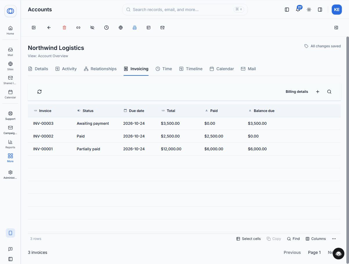 Northwind Logistics Account detail with the Invoicing tab selected and three invoices showing awaiting payment, paid, and partially paid statuses.