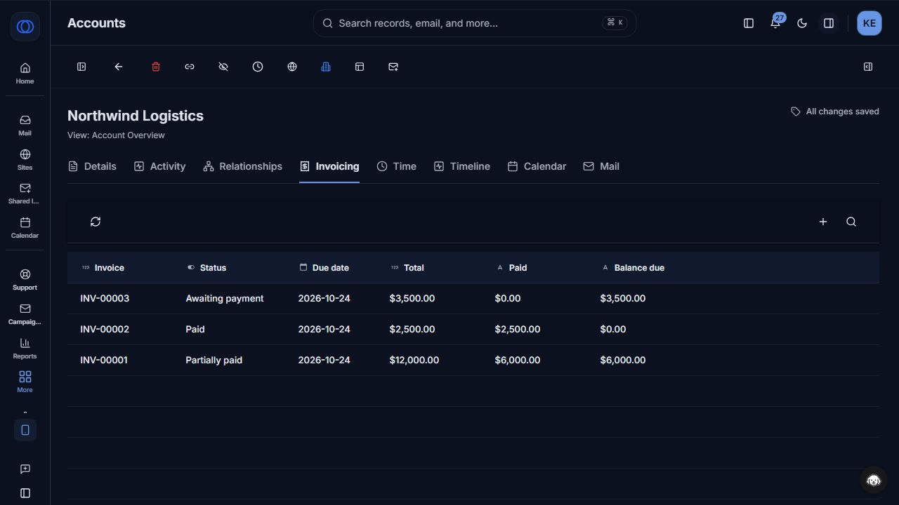 Northwind Logistics Account with three illustrative invoices and their payment states.