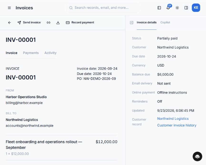 Coherence invoice INV-00001 for Northwind Logistics, showing the seller, customer, purchase-order reference, $12,000 rollout line item, and a sidebar with partially paid status and $6,000 due.