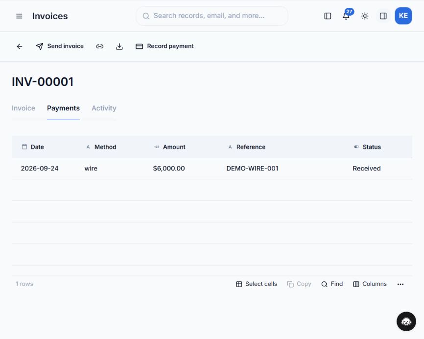 The Payments tab for INV-00001 shows a $6,000 wire receipt with reference DEMO-WIRE-001 and Received status.